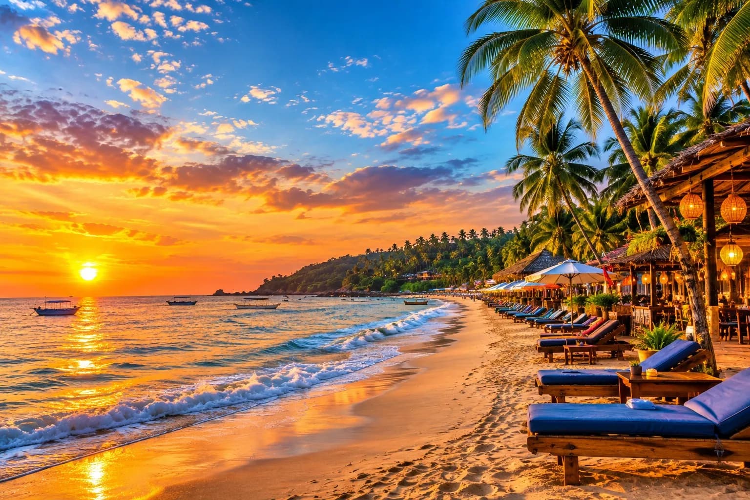 Sunset over a palm-lined beach in Goa